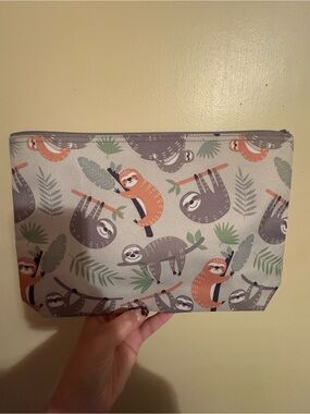thirty-one Sloth Print Zip Cosmetic Pouch - Orange, Gray, Green, Cream